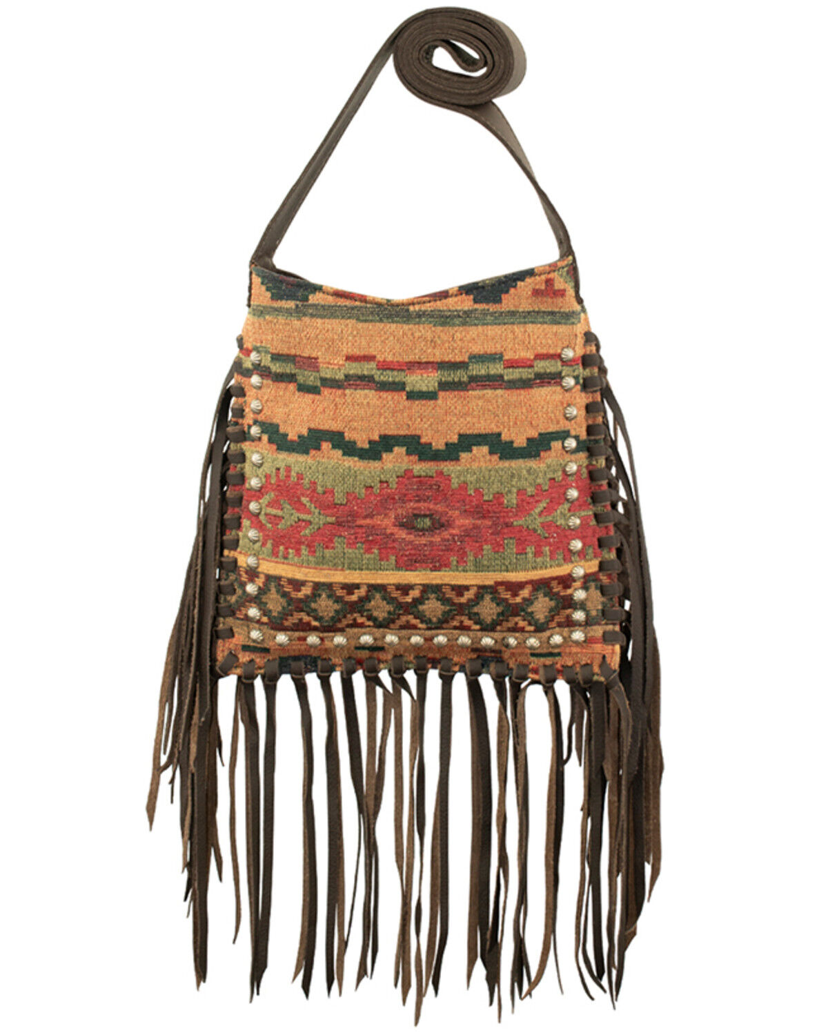Image #1 - American West Women's Southwestern Tapestry Studded Fringe Crossbody Messenger, Multi, hi-res