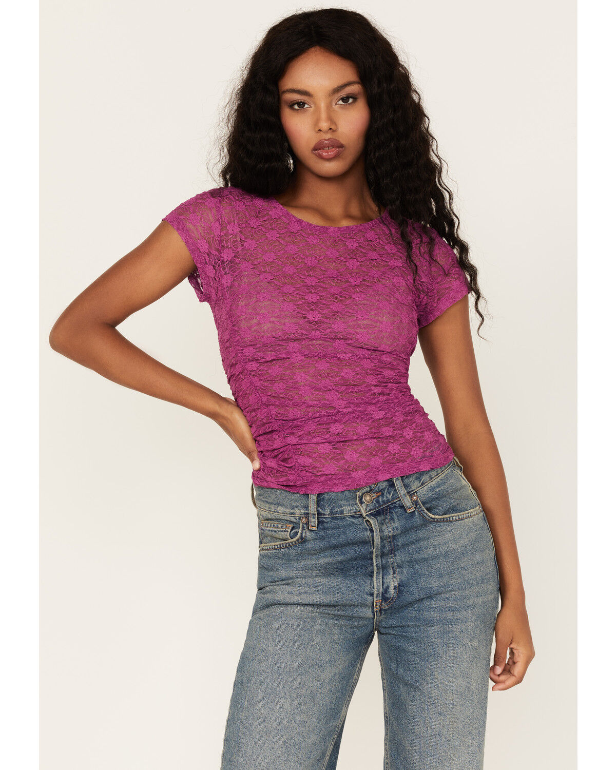 Image #2 - Free People Women's Keep It Simple Lace Short Sleeve Top, Magenta, hi-res