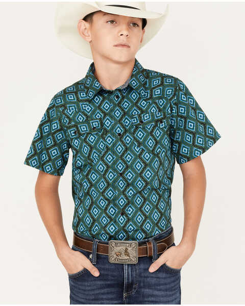 Cody James Boys' Diamond Geo Print Short Sleeve Western Snap Shirt, Dark Green, hi-res