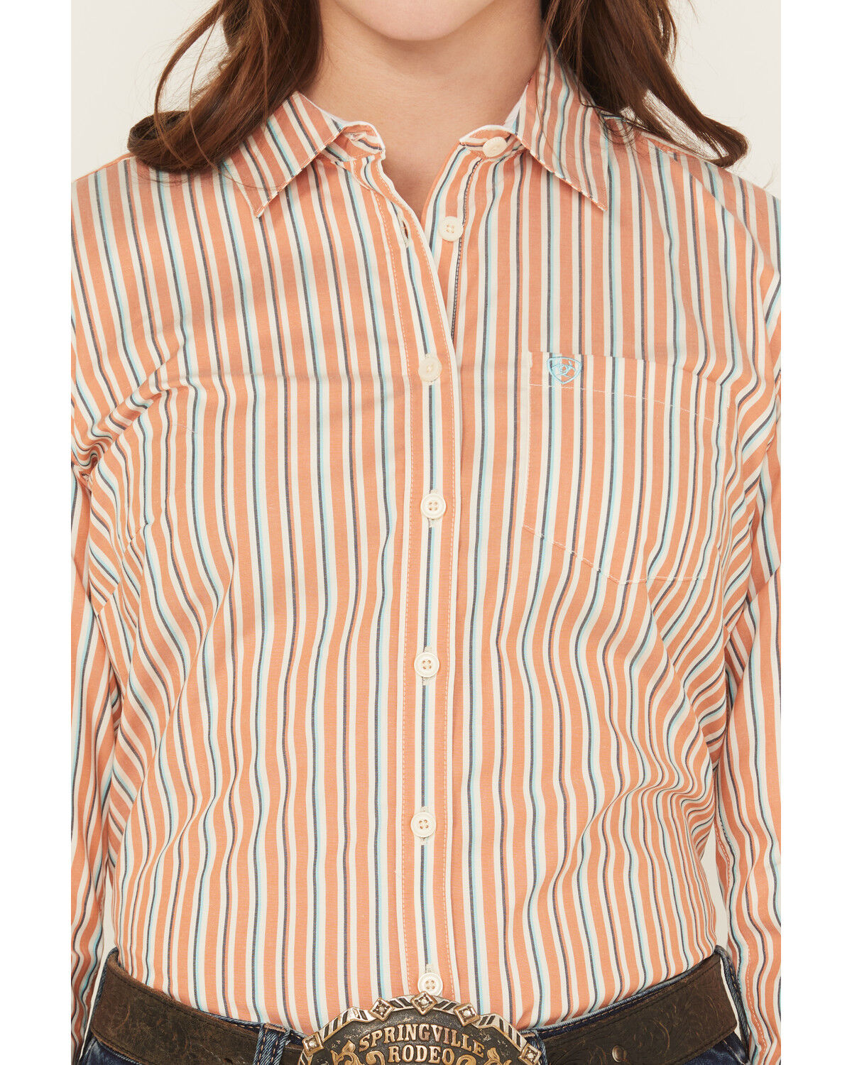 Image #3 - Ariat Women's Malia Striped Print Long Sleeve Button-Down Stretch Western Shirt, Orange, hi-res