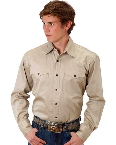 Roper Men's Solid Poplin Long Sleeve Snap Western Shirt, Khaki, hi-res