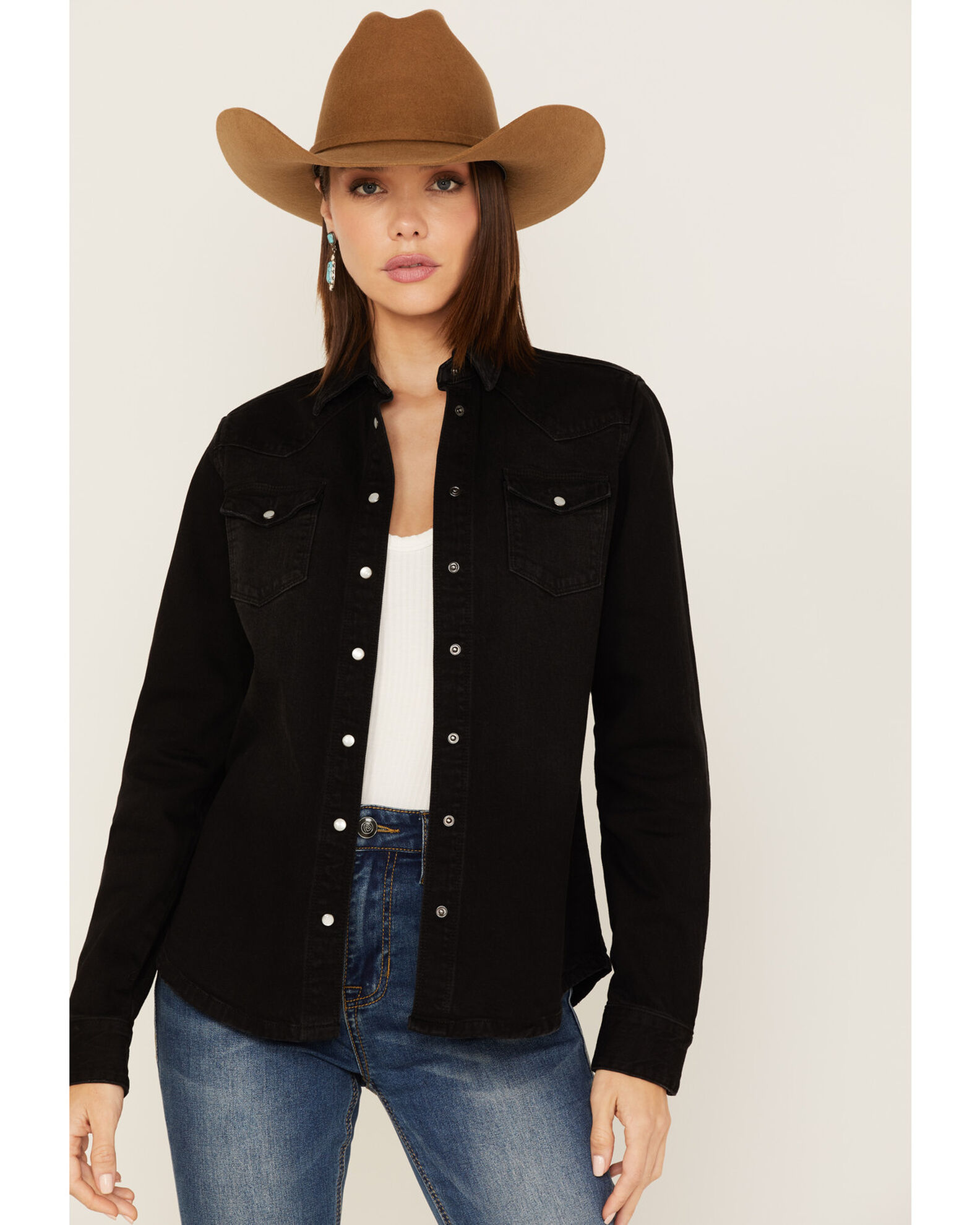 Womens denim shirt with pearl snaps best sale