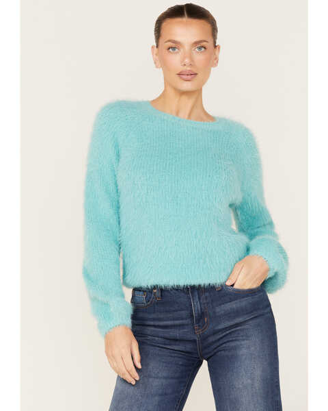 Rock & Roll Denim Women's Fuzzy Knit Sweater, Turquoise, hi-res