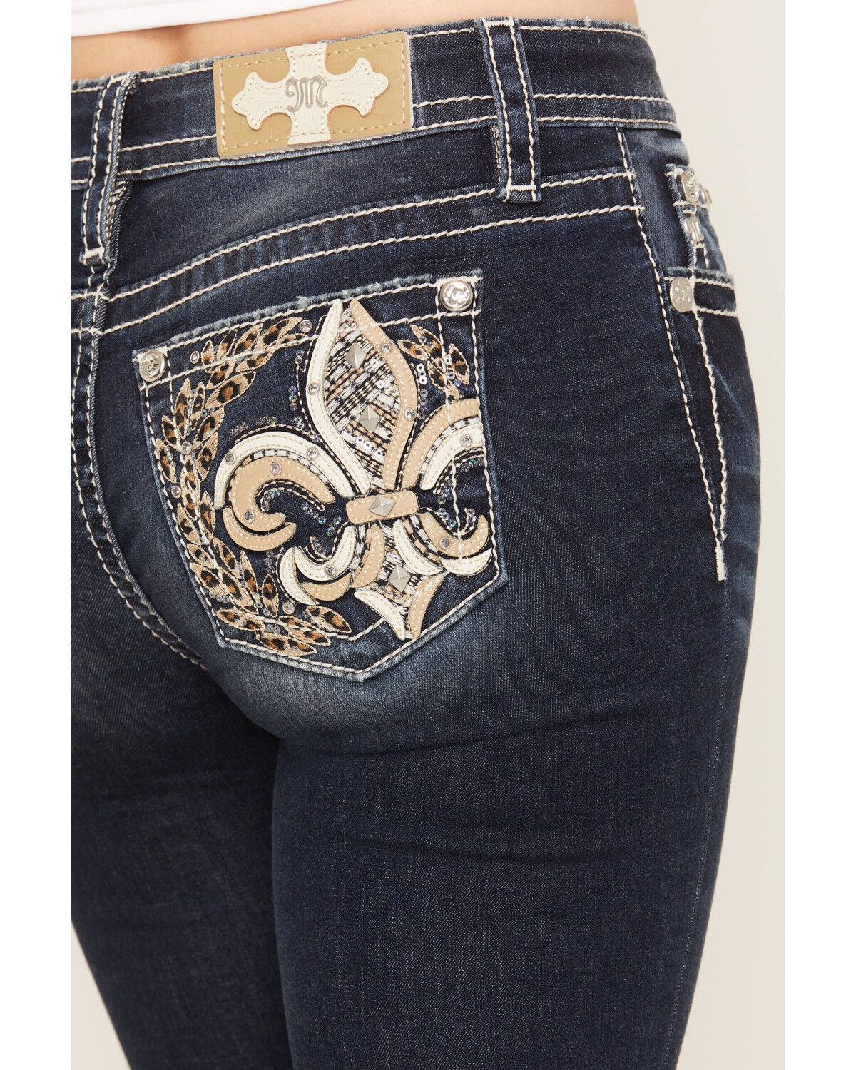 Image #2 - Miss Me Women's Dark Wash Mid Rise Winged Pocket 32" Bootcut Stretch Denim Jeans, Dark Wash, hi-res