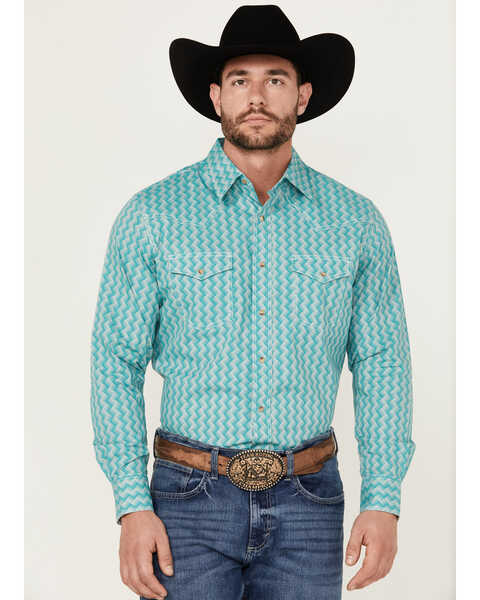 Wrangler 20X Men's Square Geo Print Long Sleeve Snap Stretch Western Shirt , Green, hi-res