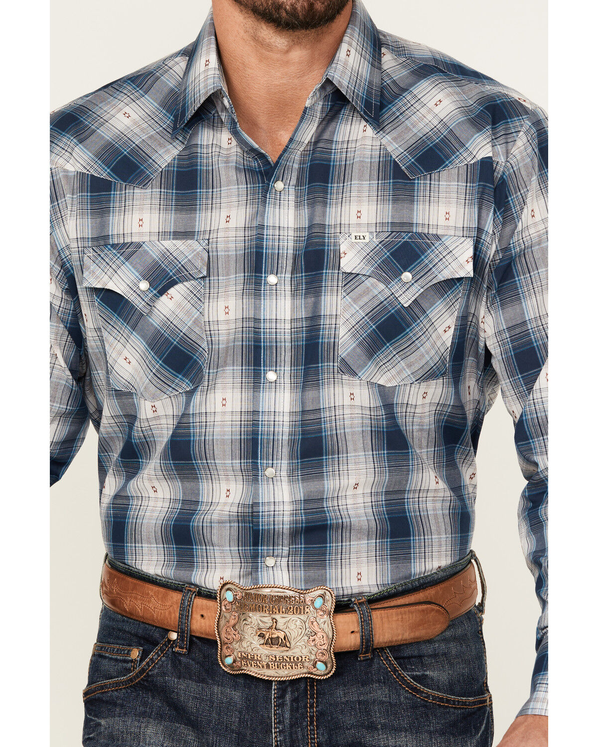 Image #3 - Ely Walker Men's Plaid Print Long Sleeve Pearl Snap Western Shirt, Navy, hi-res