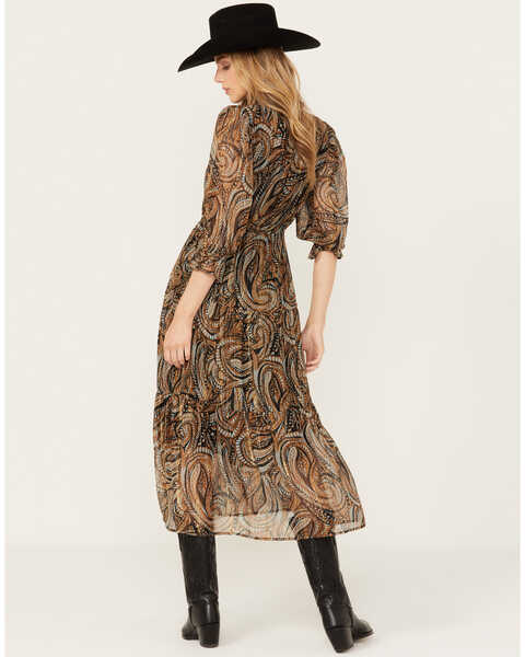 Image #4 - Revel Women's Paisley Print Long Sleeve Midi Dress, Brown, hi-res
