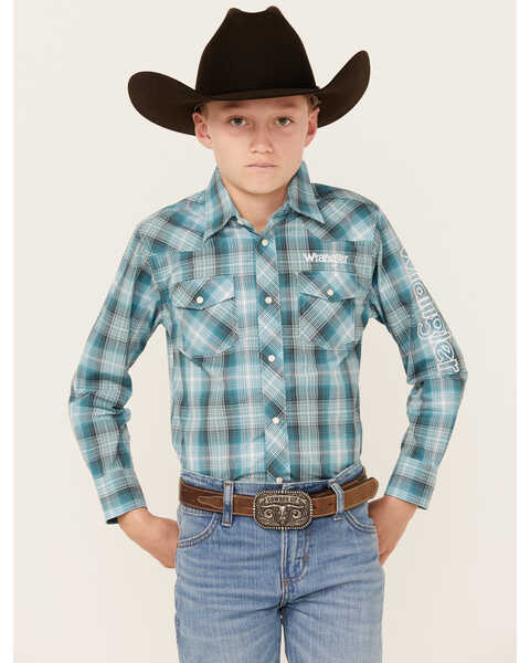 Image #1 - Wrangler Boys' Plaid Print Logo Long Sleeve Snap Western Shirt, Blue, hi-res