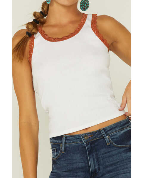 Image #2 - Wild Moss Women's  Ribbed Contrast Lace Tank Top , White, hi-res