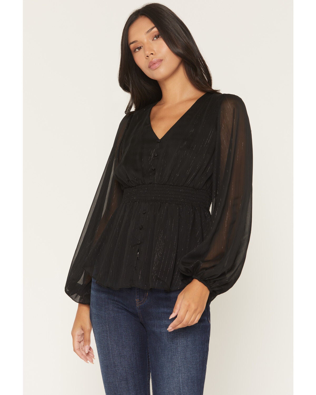 Image #1 - Shyanne Women's Pratt Faux Button-Down Long Sleeve Lurex Top, Black, hi-res