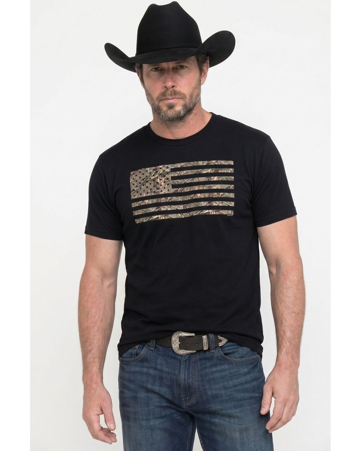 Image #1 - Mossy Oak Men's The Land American Flag Short Sleeve Graphic T-Shirt, Black, hi-res