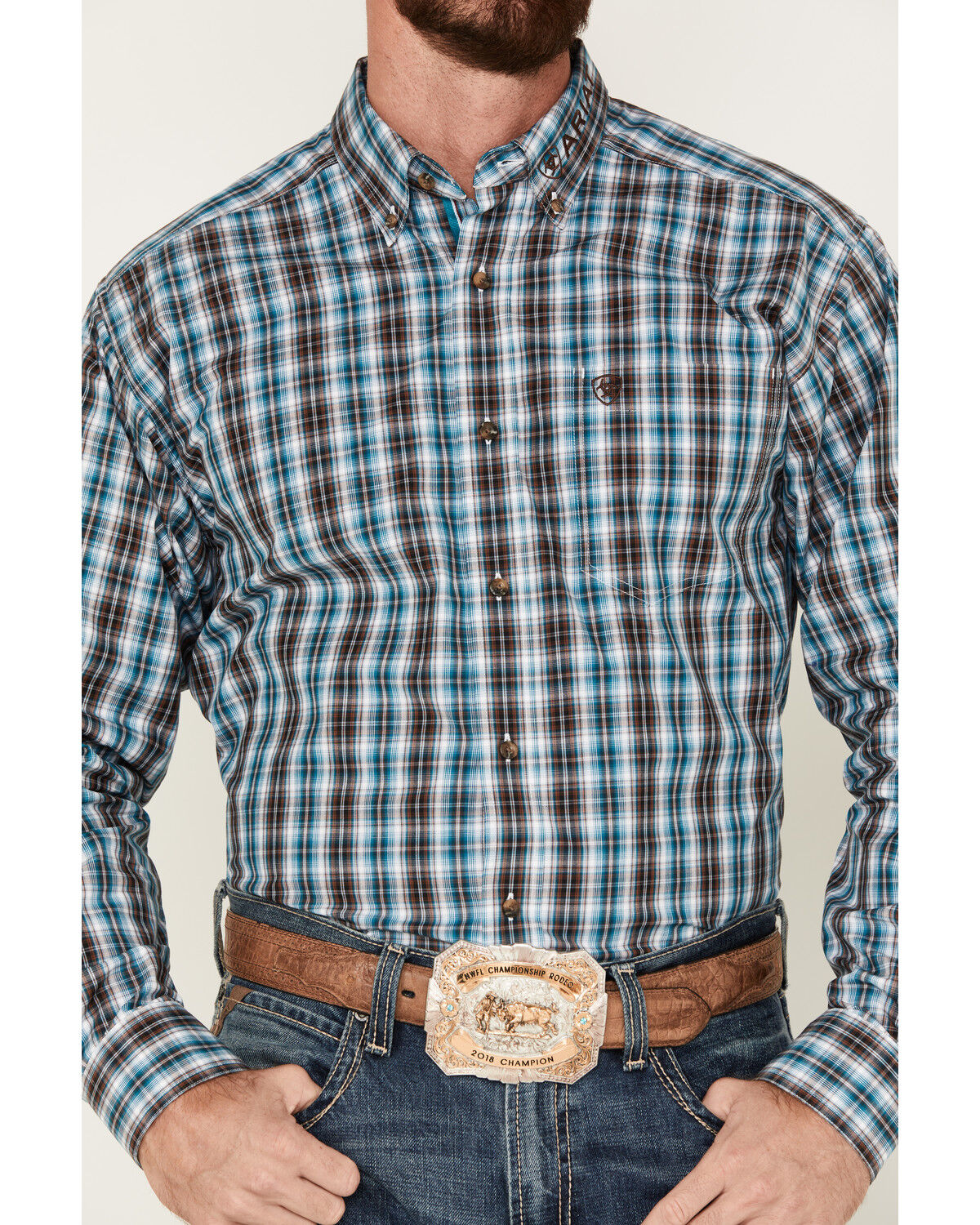 Image #3 - Ariat Men's Team Cade Small Plaid Print Long Sleeve Button-Down Shirt, Turquoise, hi-res