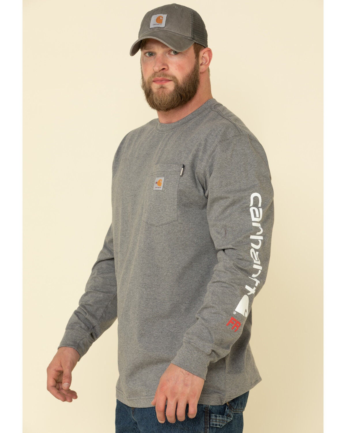 Carhartt Men's FR Midweight Signature Logo Long Sleeve Work Shirt, Grey, hi-res