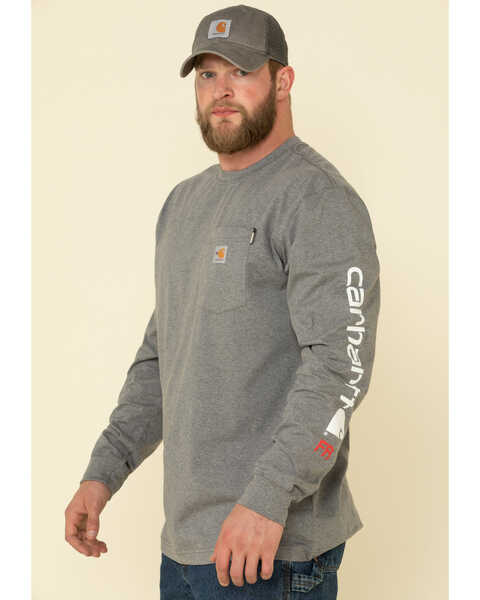 Carhartt Men's M-FR Midweight Signature Logo Long Sleeve Work Shirt, Grey, hi-res