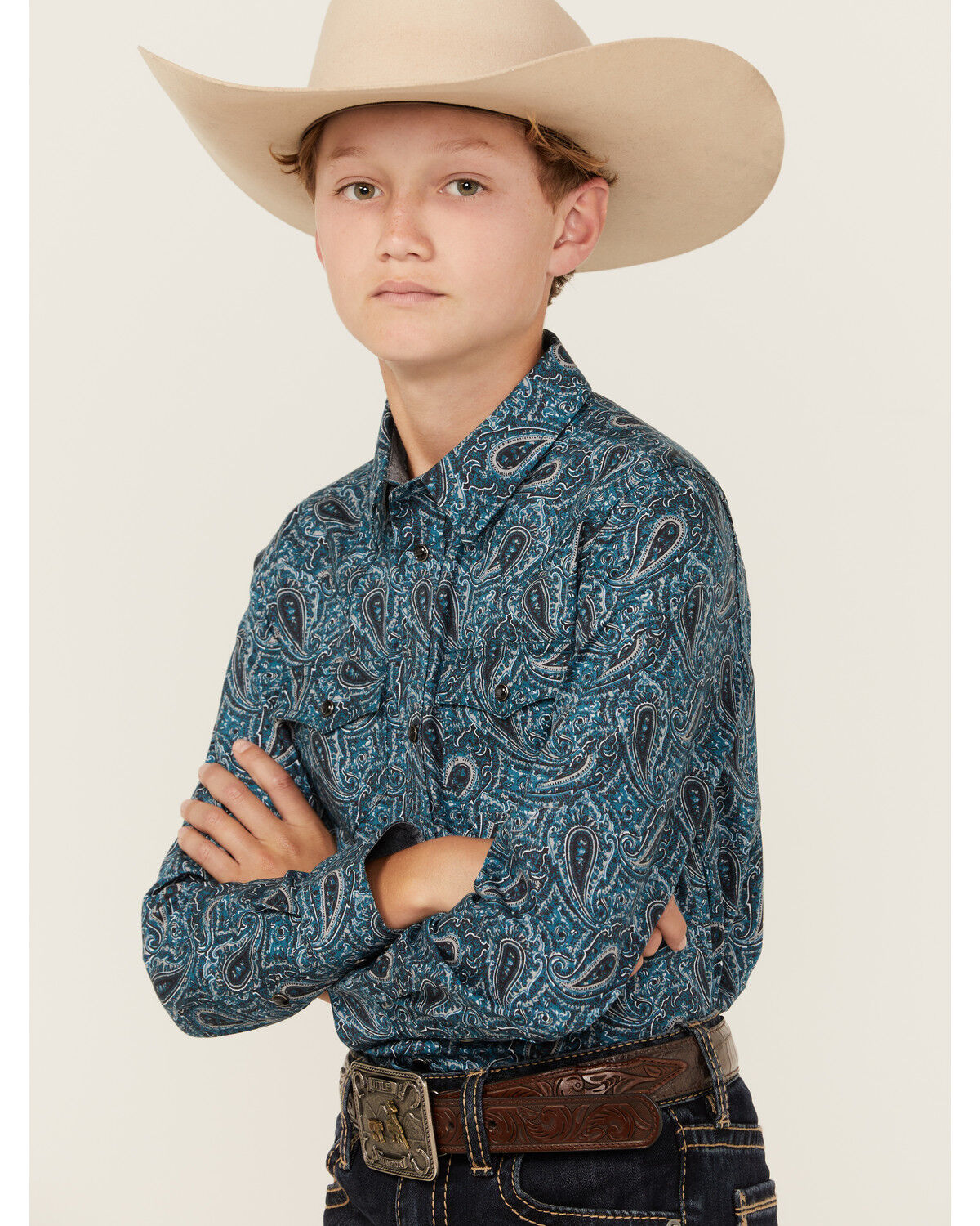 Image #2 - Cody James Boys' Lasso Paisley Print Long Sleeve Snap Western Shirt, Blue, hi-res