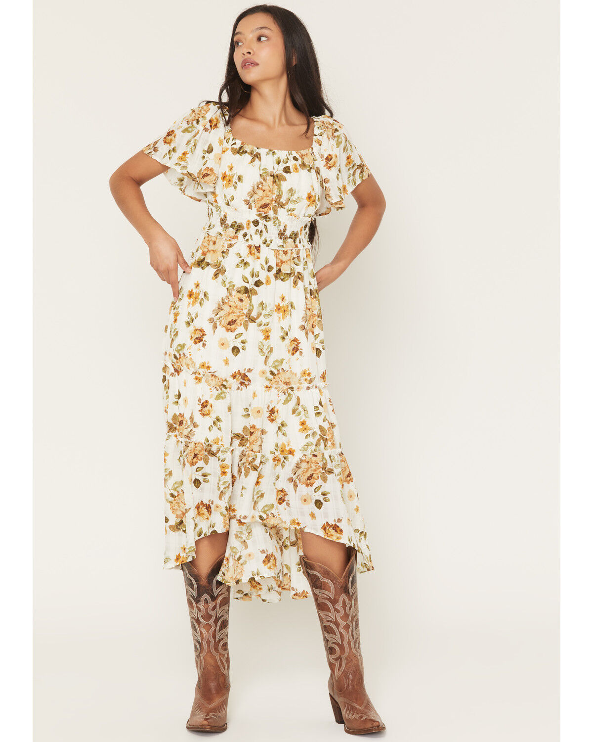 Image #1 - Wild Moss Women's Floral Print Short Sleeve High-Low Dress, Ivory, hi-res