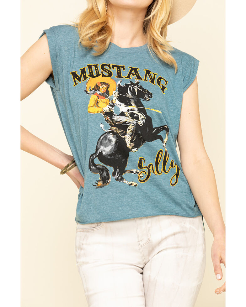 Rodeo Quincy Women's Blue Mustang Sally Roll Cuff Muscle Tee, Blue, hi-res
