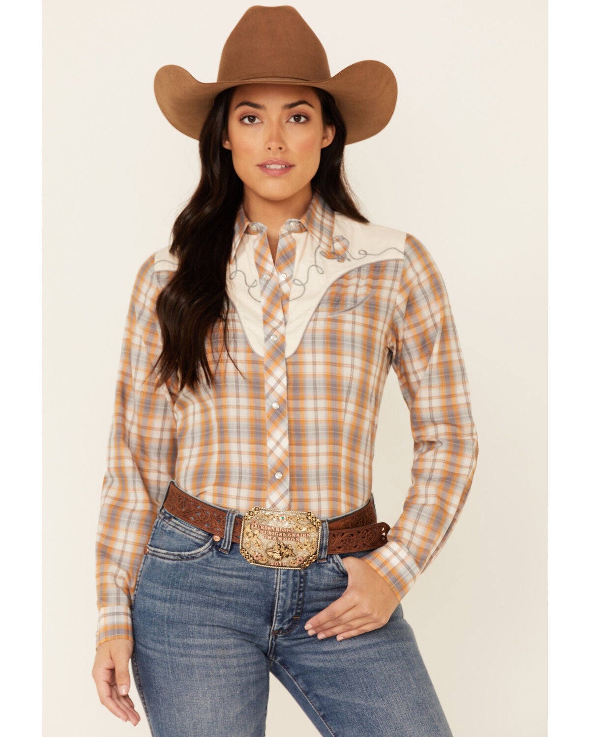Mustard Plaid Fancy Applique Yoke 
