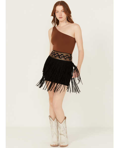 Shyanne Women's Decorated Waist Fringe Skirt , Black, hi-res
