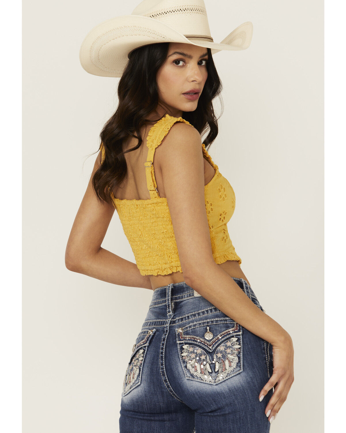 Image #4 - Rock & Roll Denim Women's Eyelet Corset Tank Top, Yellow, hi-res