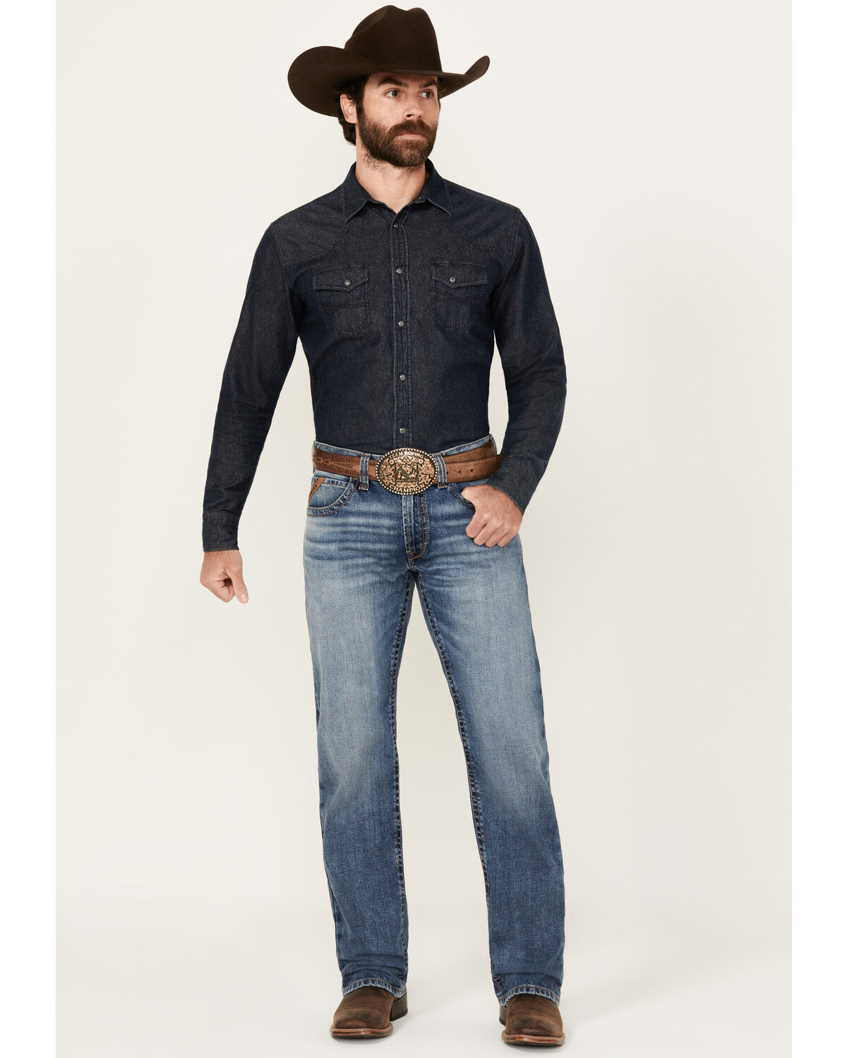 Image #1 - Ariat Men's Boot Barn Exclusive M5 Hanwell Pollock Medium Wash Straight Stretch Denim Jeans, Medium Wash, hi-res
