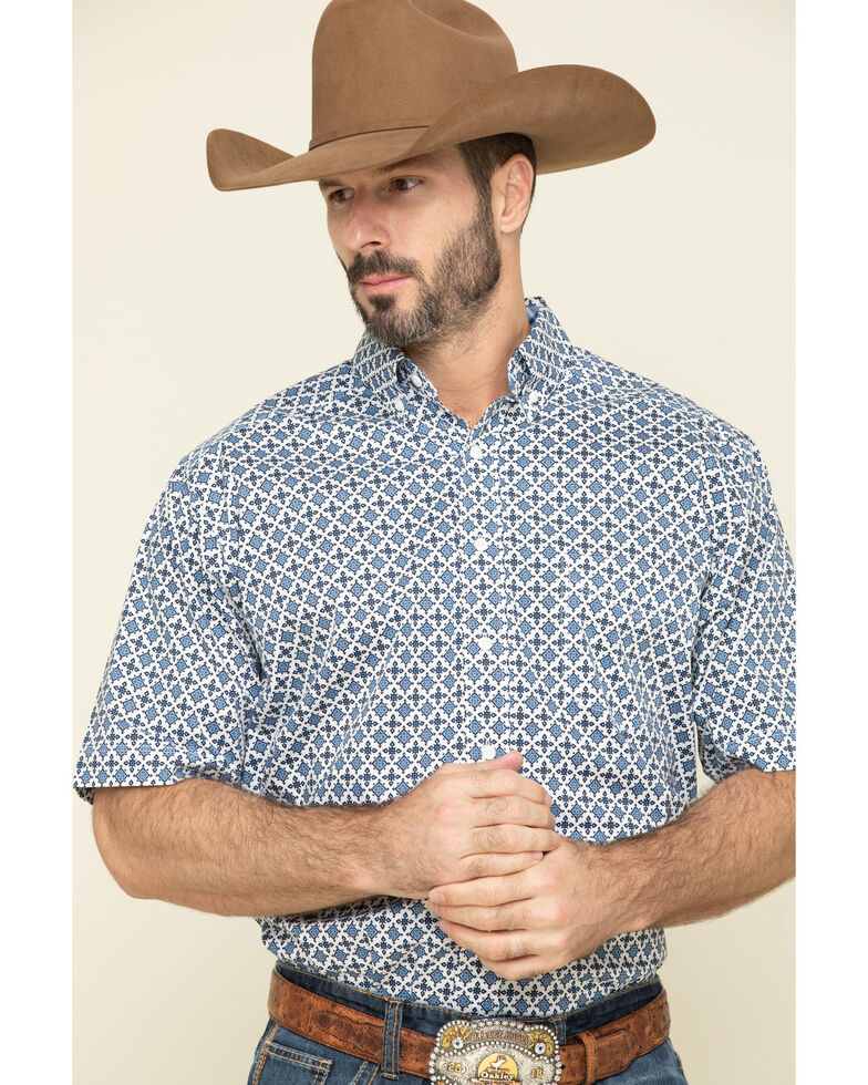 Tuf Cooper Men's Competition White Stretch Geo Print Short Sleeve Western Shirt  , Blue, hi-res