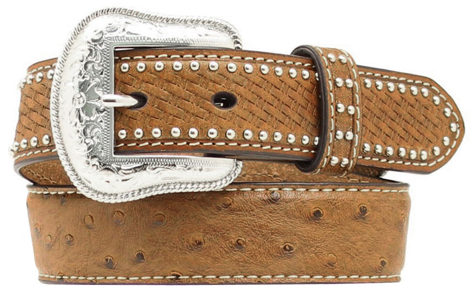 Nocona Kids' Basketweave & Ostrich Print Studded Leather Belt, Brown, hi-res
