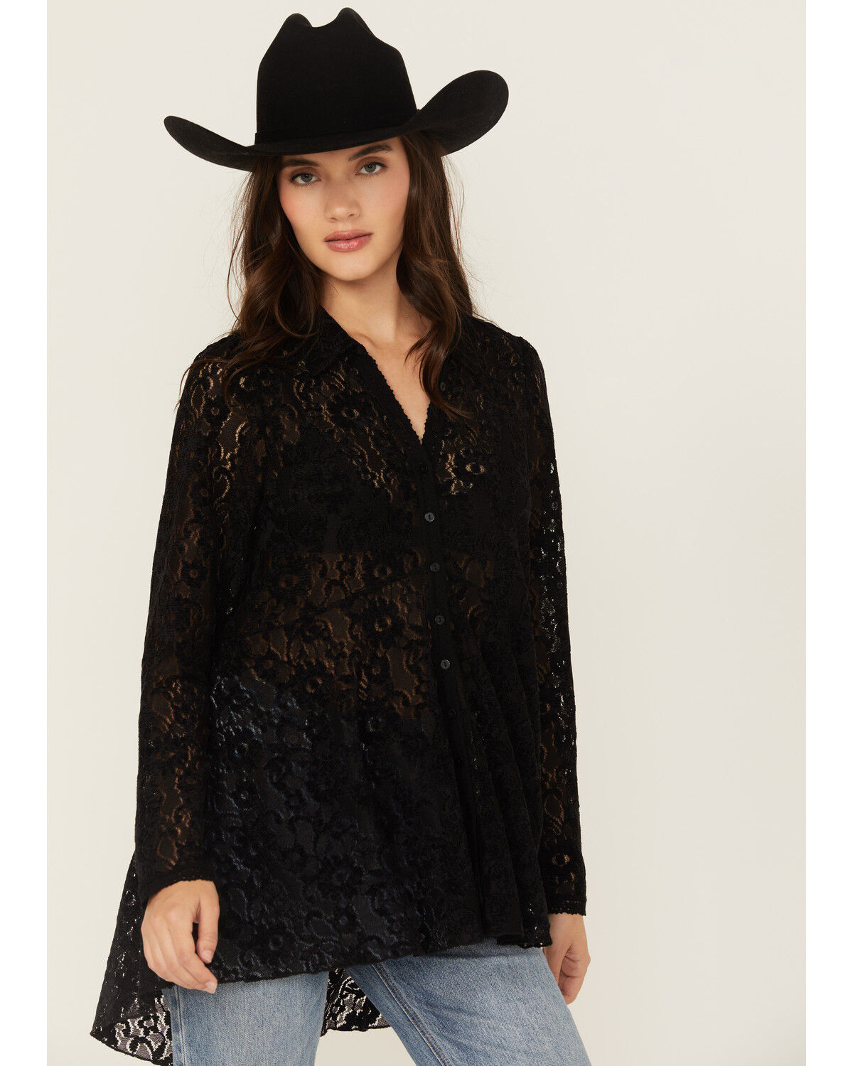 Image #1 - Beyond The Radar Women's Velvet Lace Long Sleeve Tunic, Black, hi-res