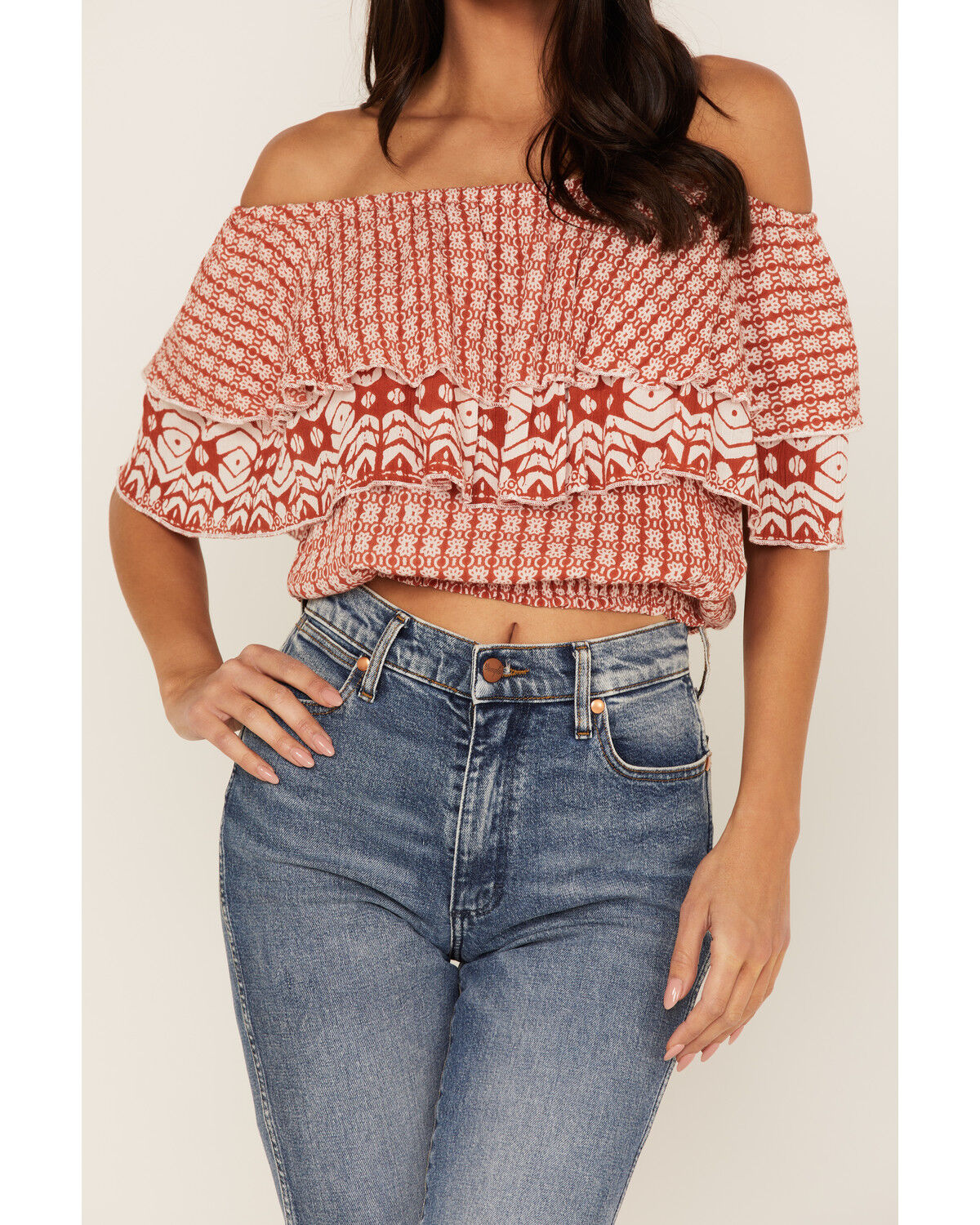 Image #3 - Talisman Women's Road Trip Print Ruffle Off-Shoulder Cropped Top, Red, hi-res