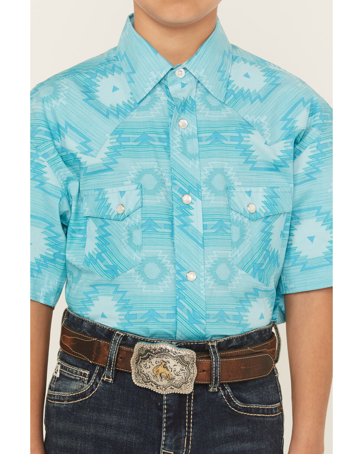 Image #3 - Rock & Roll Denim Boys' Southwestern Short Sleeve Snap Western Shirt, Turquoise, hi-res
