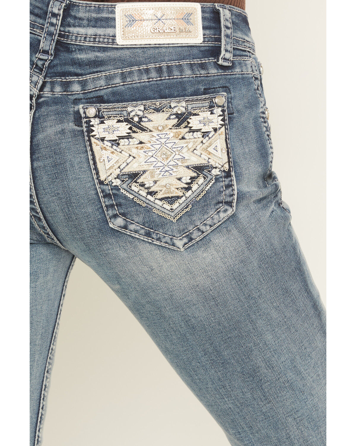 Image #2 - Grace In LA Women's Medium Wash Mid Rise Geo Embroidered Bootcut Stretch Denim Jeans, Medium Wash, hi-res