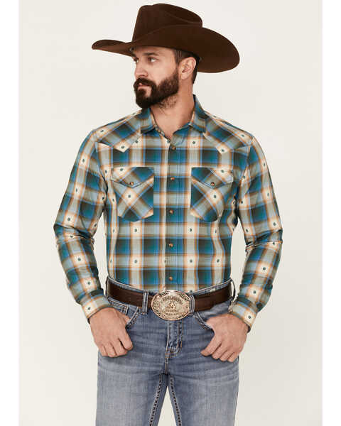 Pendleton Men's Hombre Allover Plaid Print Long Sleeve Snap Western Shirt , Blue, hi-res