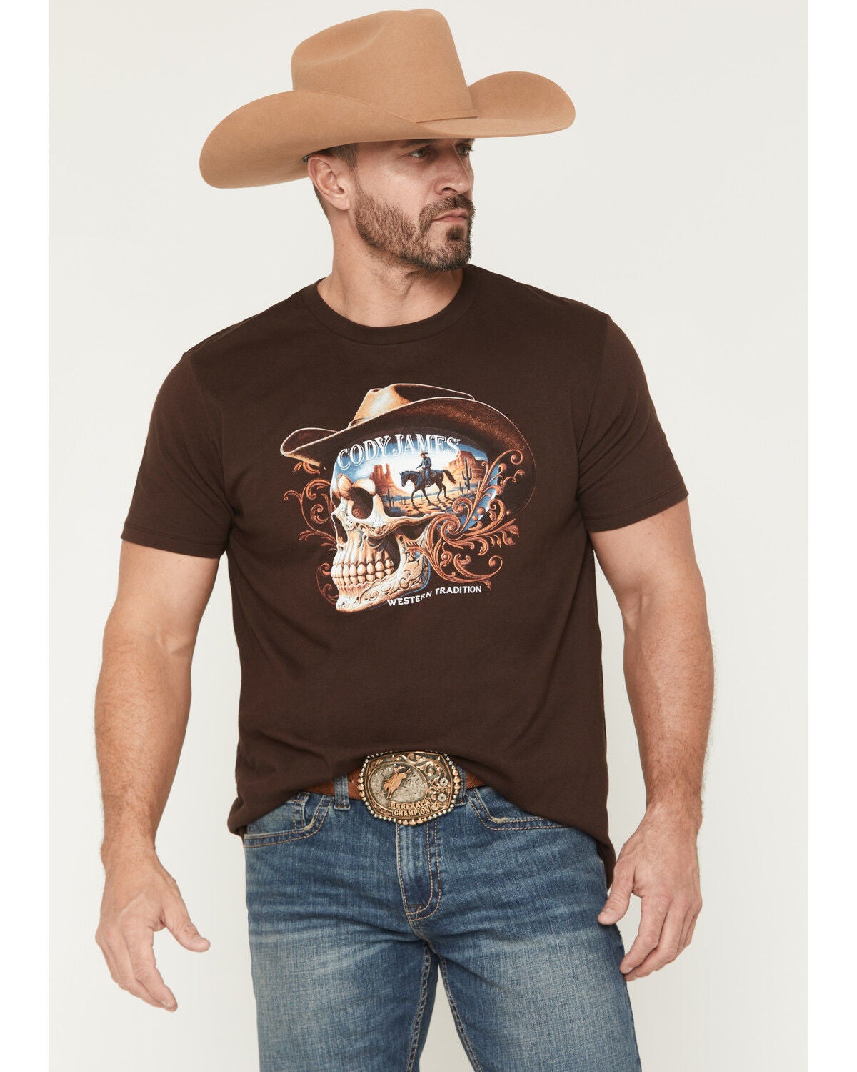Image #1 - Cody James Men's Scenic Skull Head Short Sleeve Graphic T-Shirt, Dark Brown, hi-res