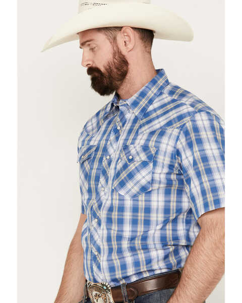 Image #2 - Wrangler Men's Fashion Plaid Print Short Sleeve Snap Western Shirt, Blue, hi-res