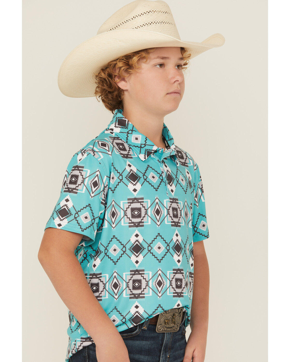 Image #2 - Hooey Boys' Southwestern Print Short Sleeve Button-Down Stretch Polo Shirt, Turquoise, hi-res