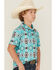Image #2 - Hooey Boys' Southwestern Print Short Sleeve Button-Down Stretch Polo Shirt, Turquoise, hi-res