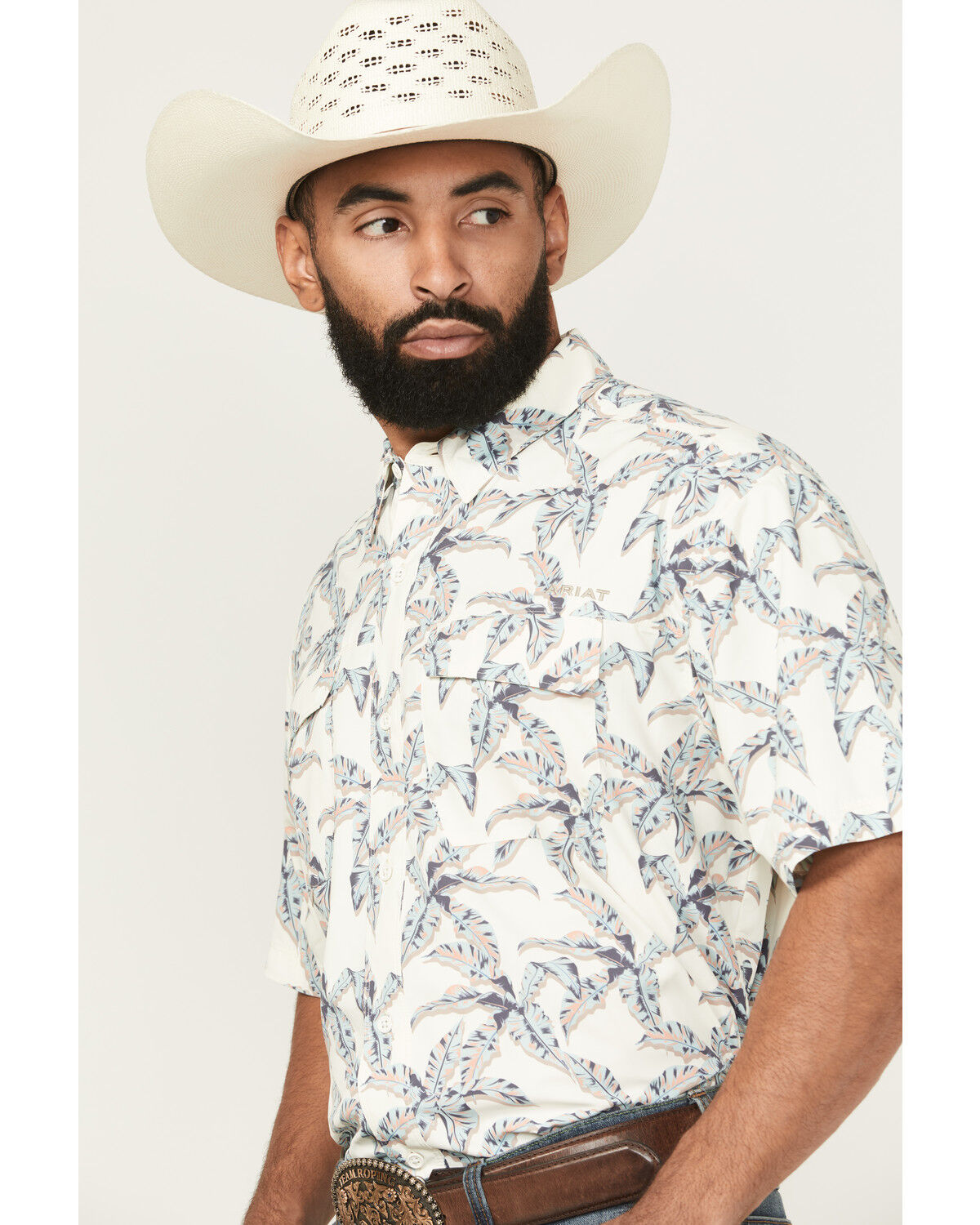 Image #2 - Ariat Men's VentTEK Outbound Palm Tree Print Short Sleeve Button-Down Western Shirt, Tan, hi-res