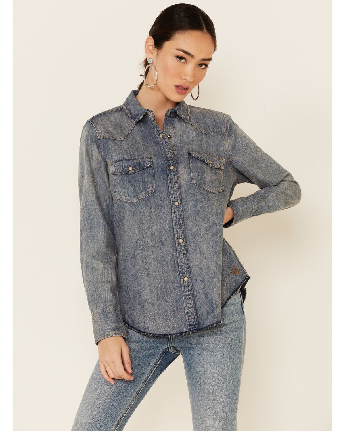 STS Ranchwear Women's Claira Denim Long Sleeve Pearl Snap Western Shirt, Blue, hi-res