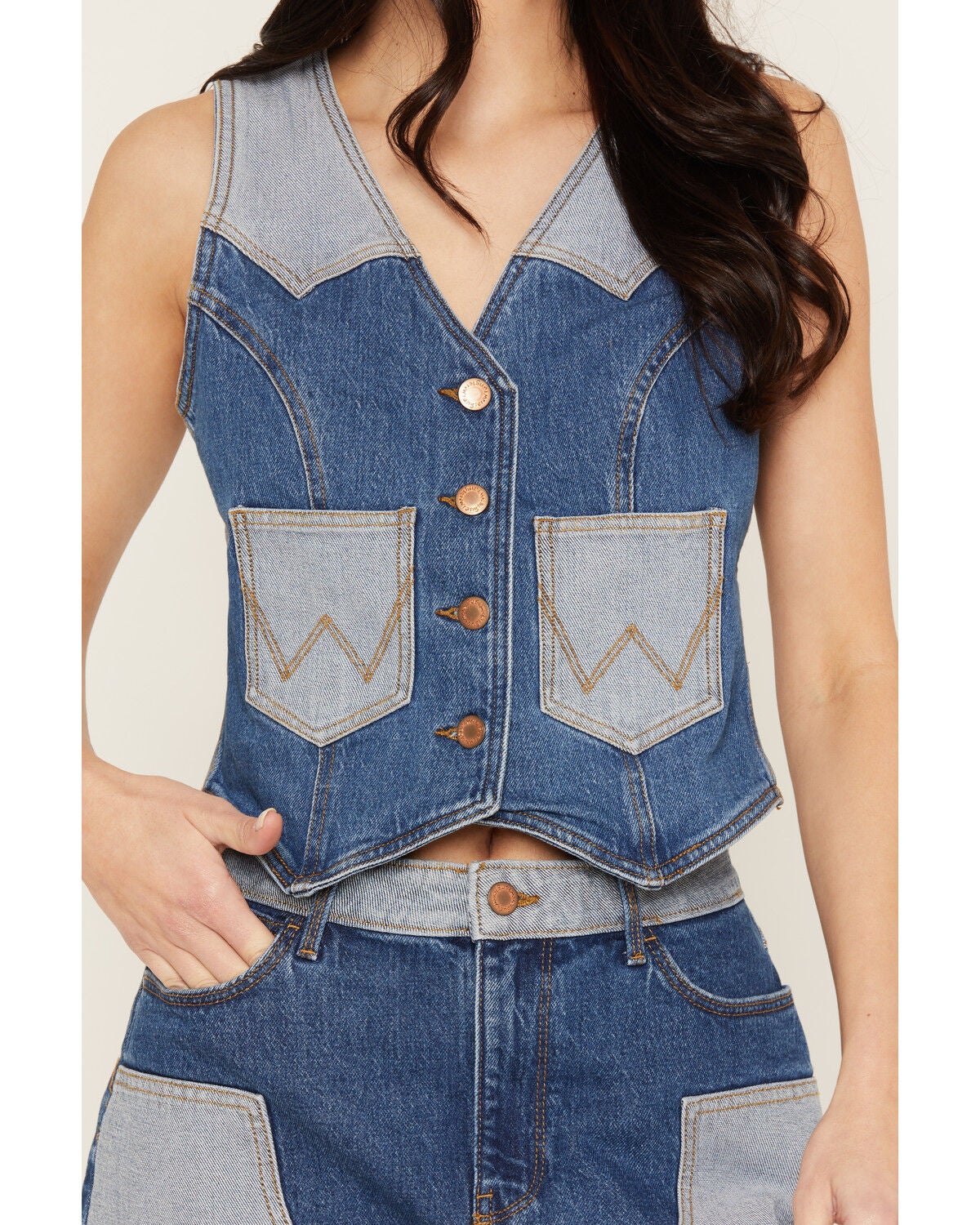 Image #3 - Wrangler Women's Two Tone Sleeveless Button-Down Denim Vest, Blue, hi-res