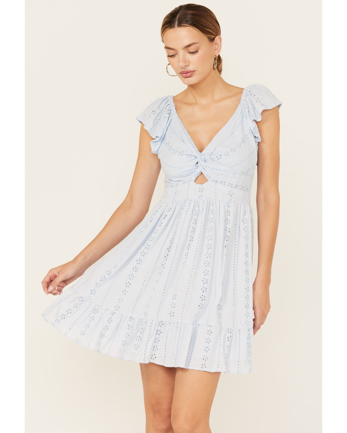 Image #1 - Angie Women's Eyelet Knot Front Mini Dress, Light Blue, hi-res