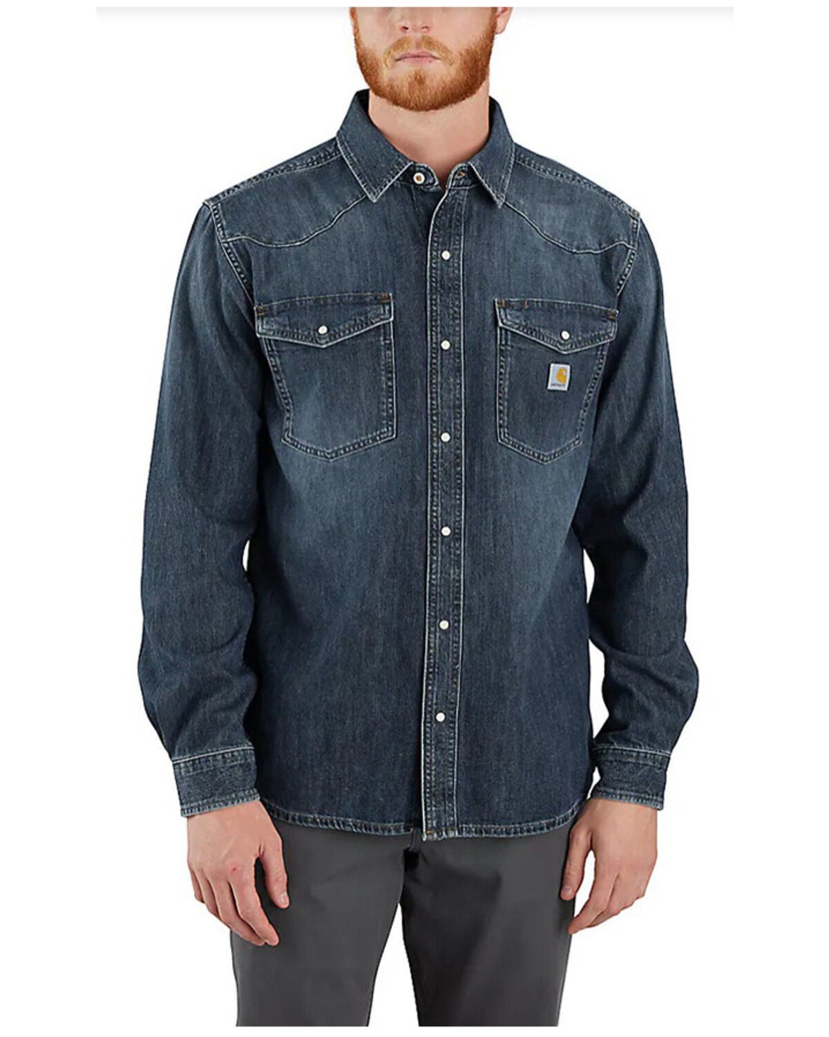 Carhartt Men's Montana Relaxed Fit Medium Washed Long Sleeve Snap Denim Work Shirt, Indigo, hi-res