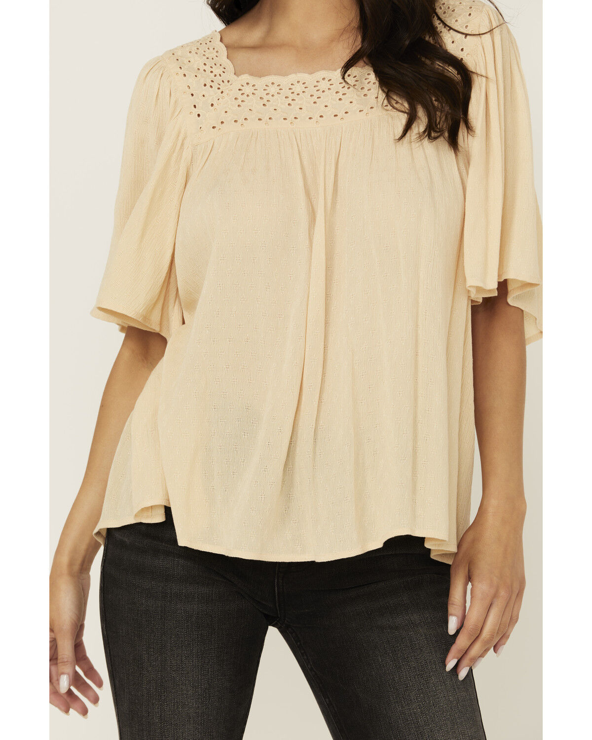 Image #3 - Band Of The Free Women's Solid Short Sleeve Ruffle Blouse, Sand, hi-res