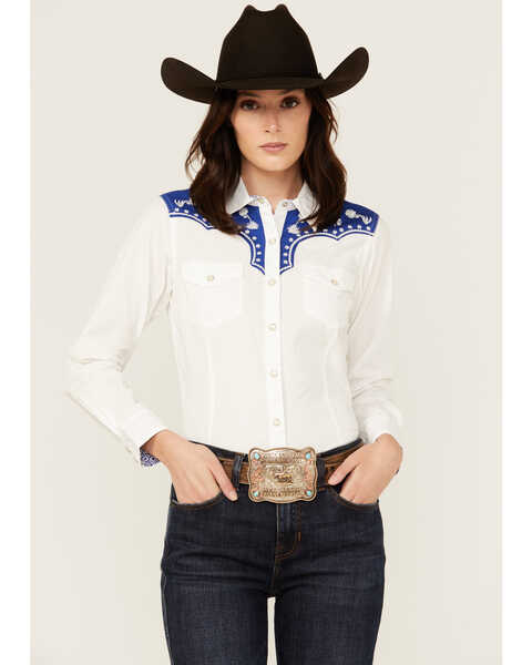 Ariat Women's Sendero Senorita Long Sleeve Pearl Snap Western Shirt, White, hi-res