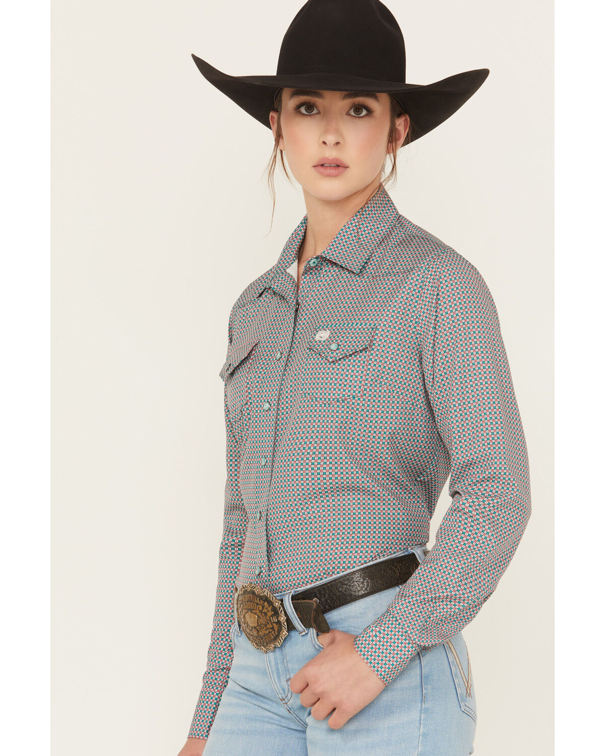 Image #2 - Cinch Women's Geo Print Long Sleeve Snap Stretch Western Shirt, Green, hi-res