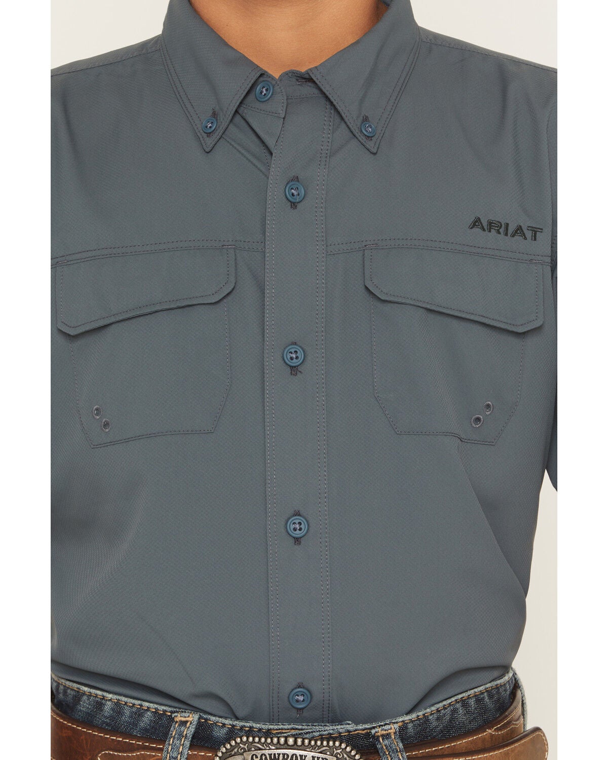 Image #3 - Ariat Boys' VentTEK Solid Short Sleeve Button-Down Western Shirt, Grey, hi-res