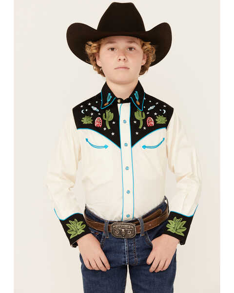 Rockmount Ranchwear Boys' Space Cowboy Long Sleeve Pearl Snap Western Shirt , Black, hi-res