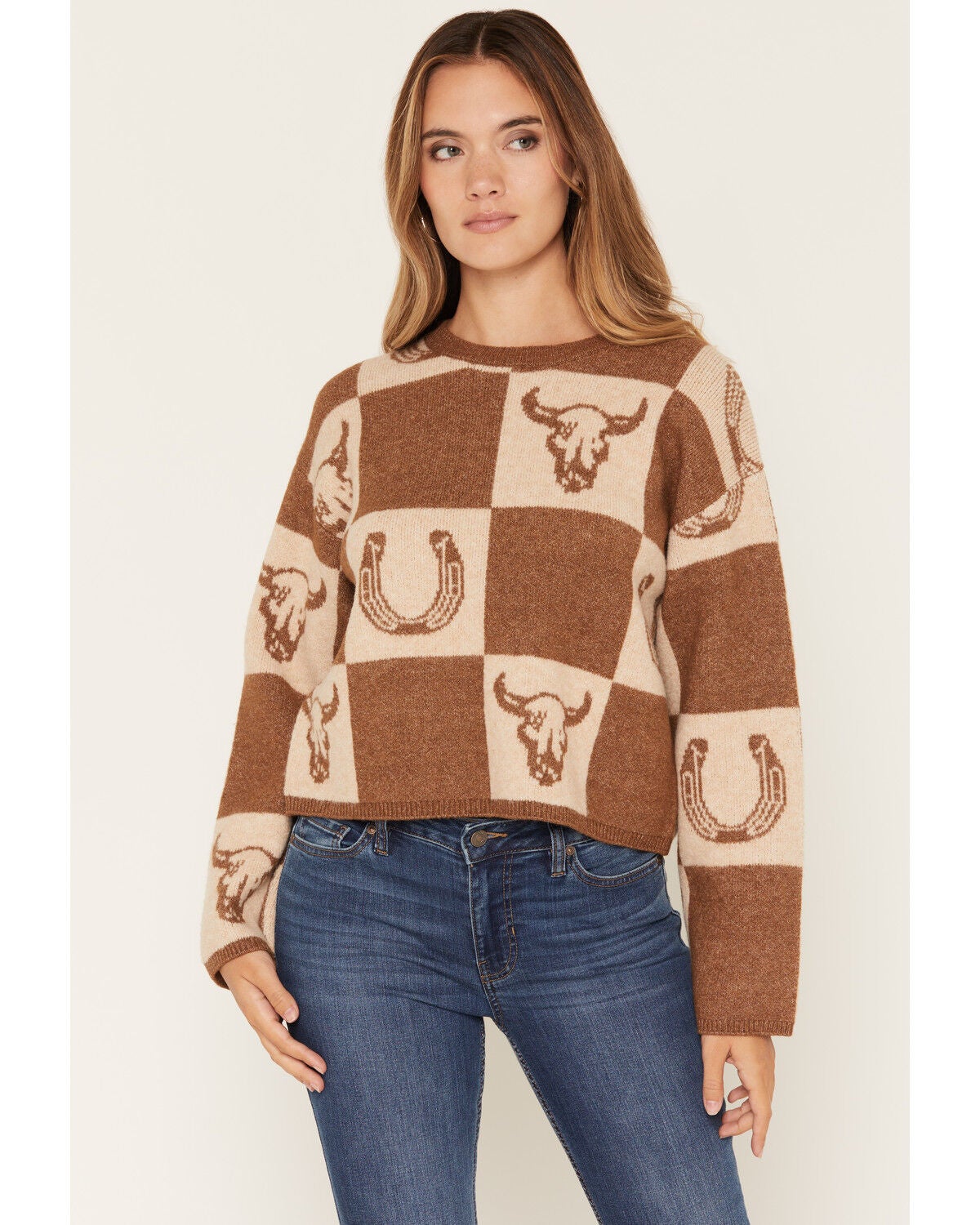 Image #1 - Z Supply Women's Horseshoe Checkered Sweater, Brown, hi-res