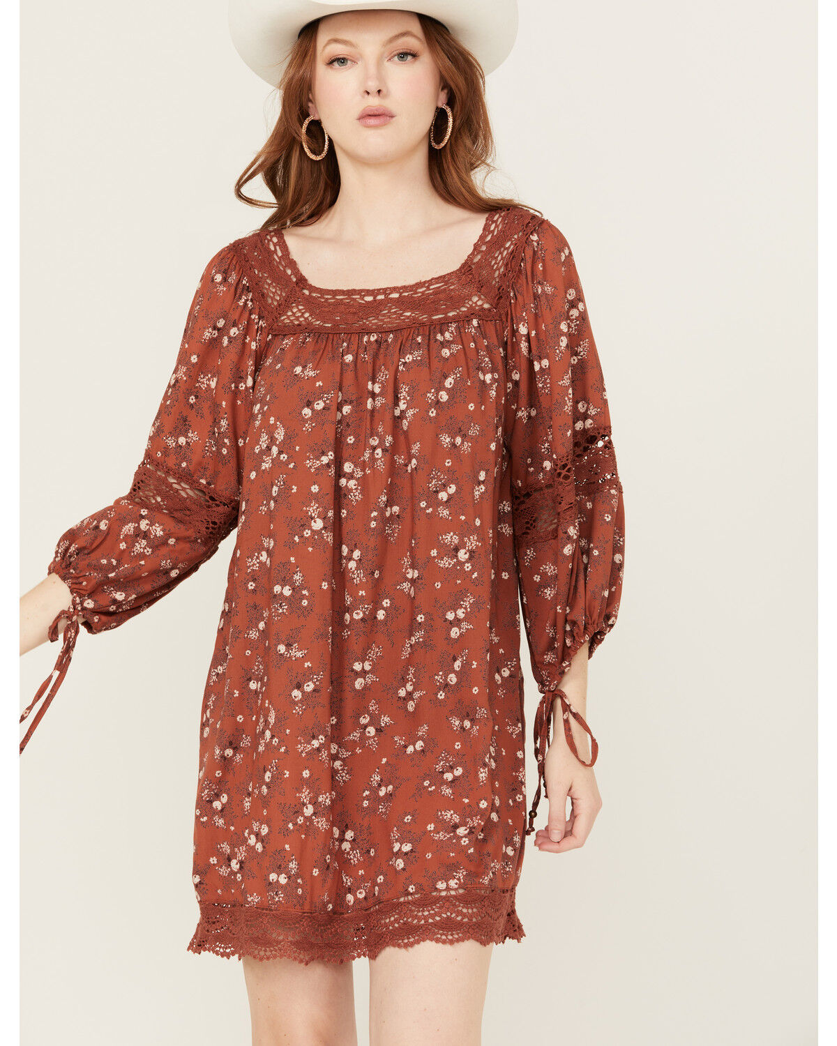 Image #2 - Angie Women's Floral Print Crochet Long Sleeve Mini Dress, Rust Copper, hi-res