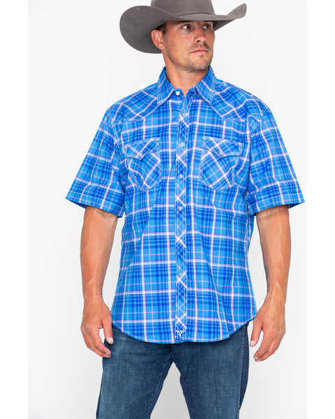 Wrangler 20X Men's Competition Advanced Comfort Plaid Print Short Sleeve Western Shirt , Blue, hi-res