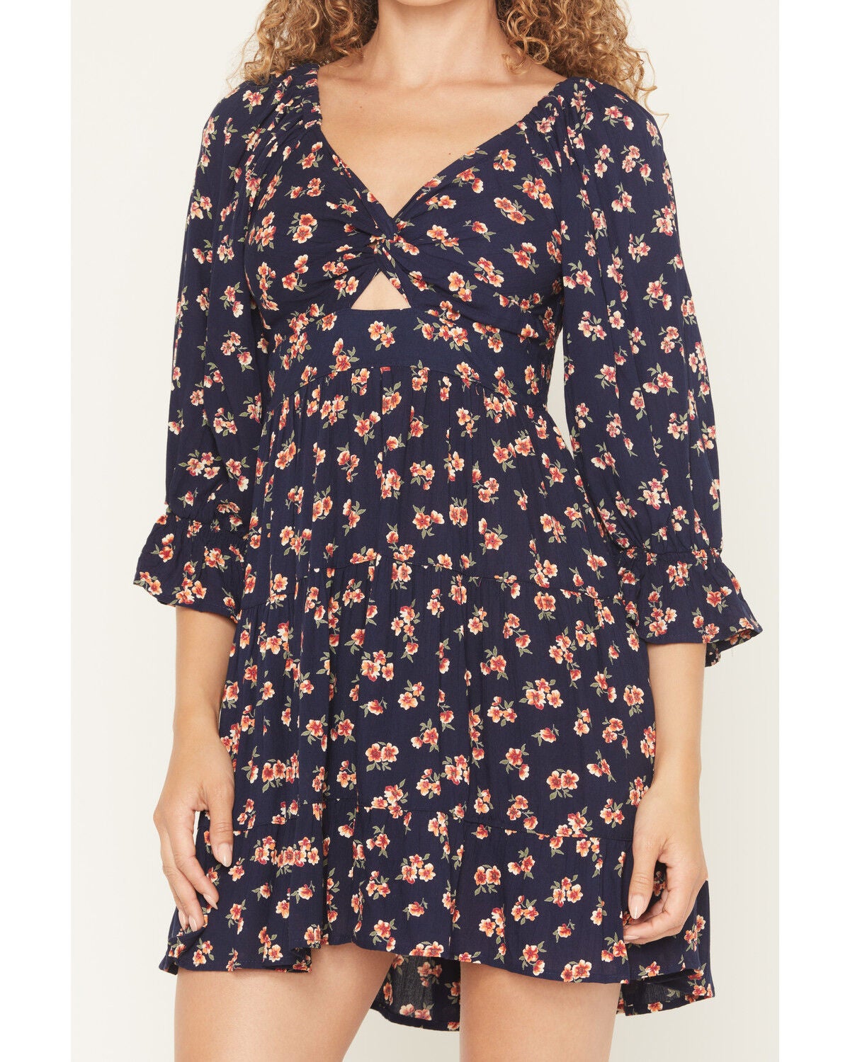 Image #3 - Angie Women's Floral Print Knot Front Mini Dress, Navy, hi-res